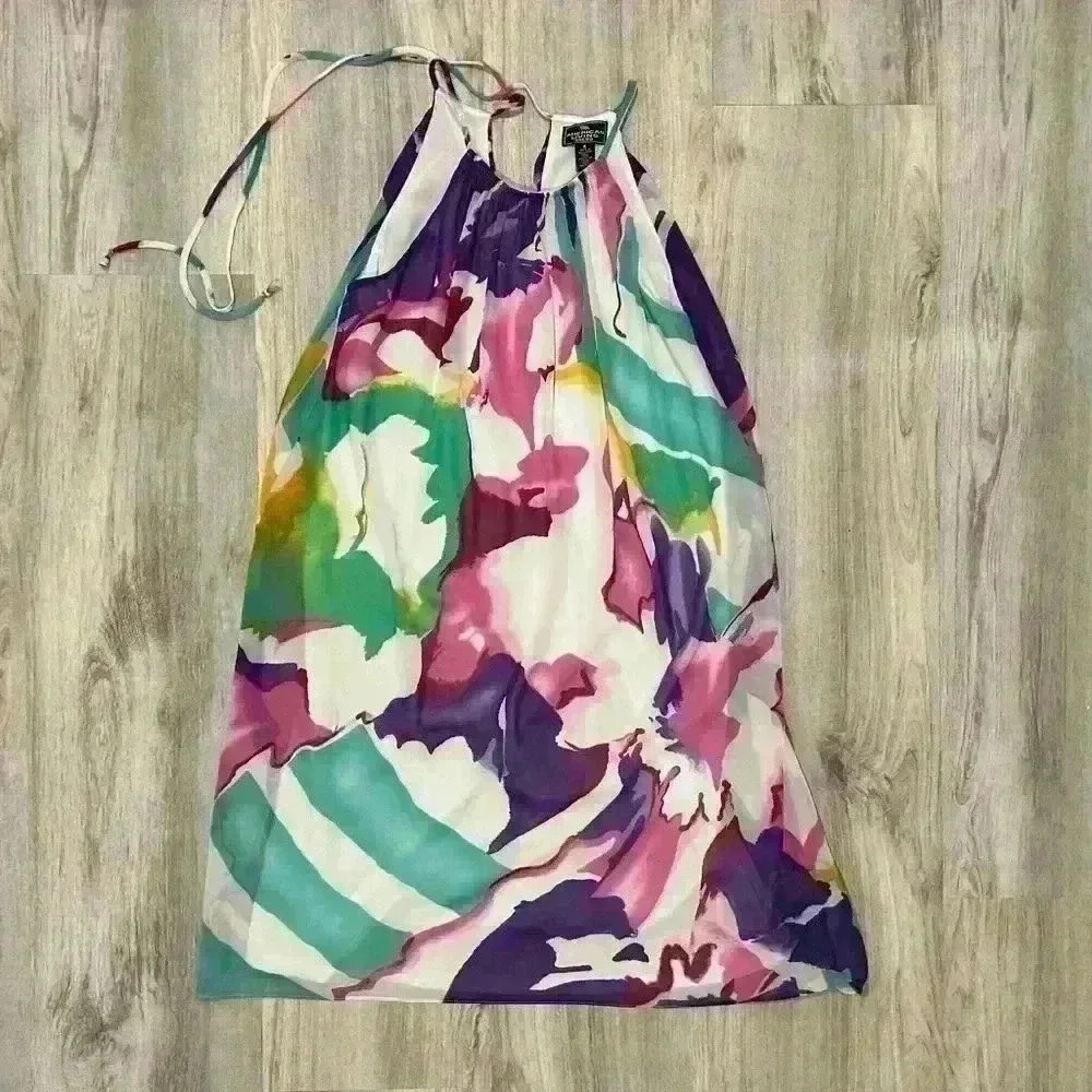 American Living Colorful Sheer Overlay Lined Sleeveless Swing Shift Dress Size 4